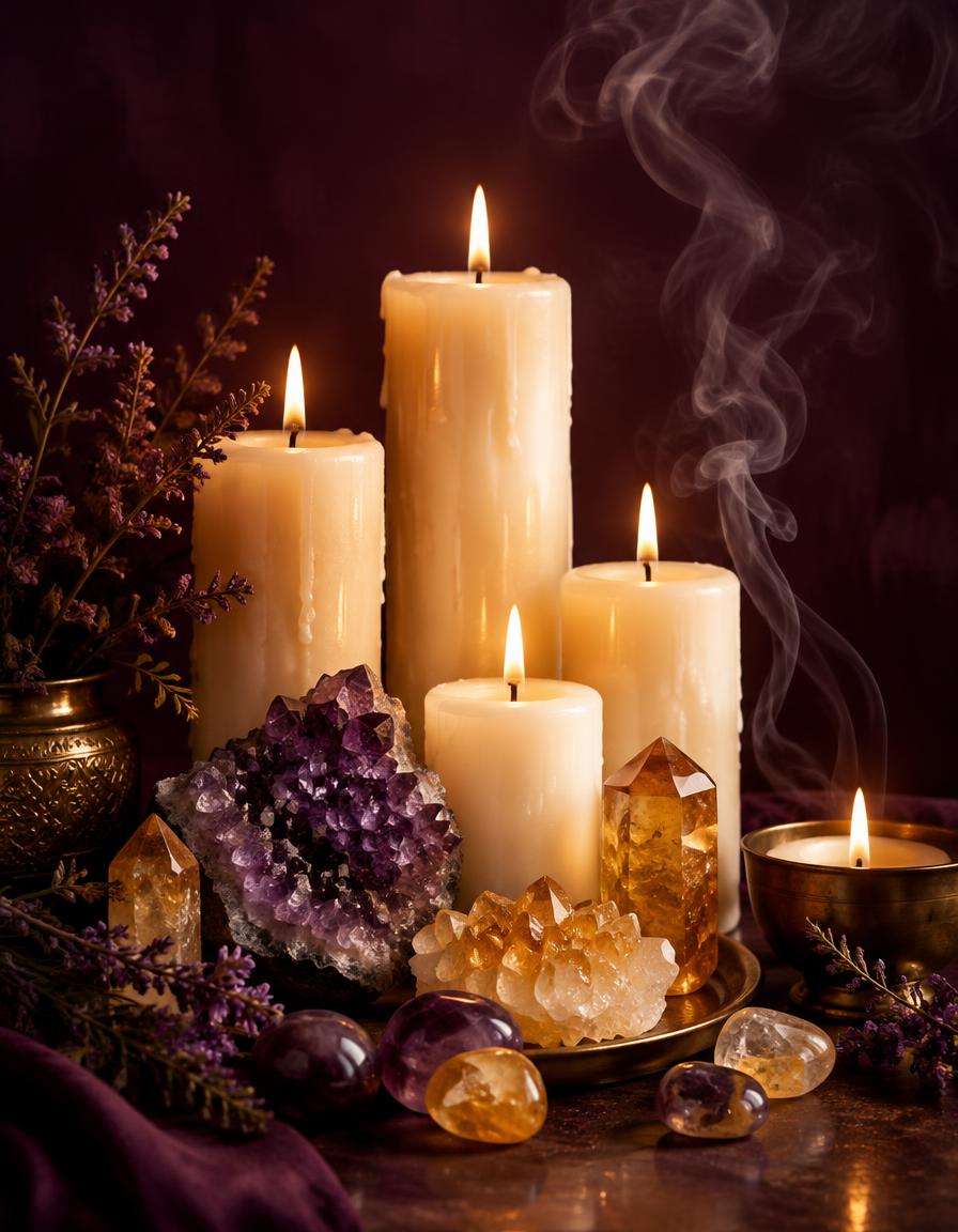 Velas acesas com cristais de ametista e citrino