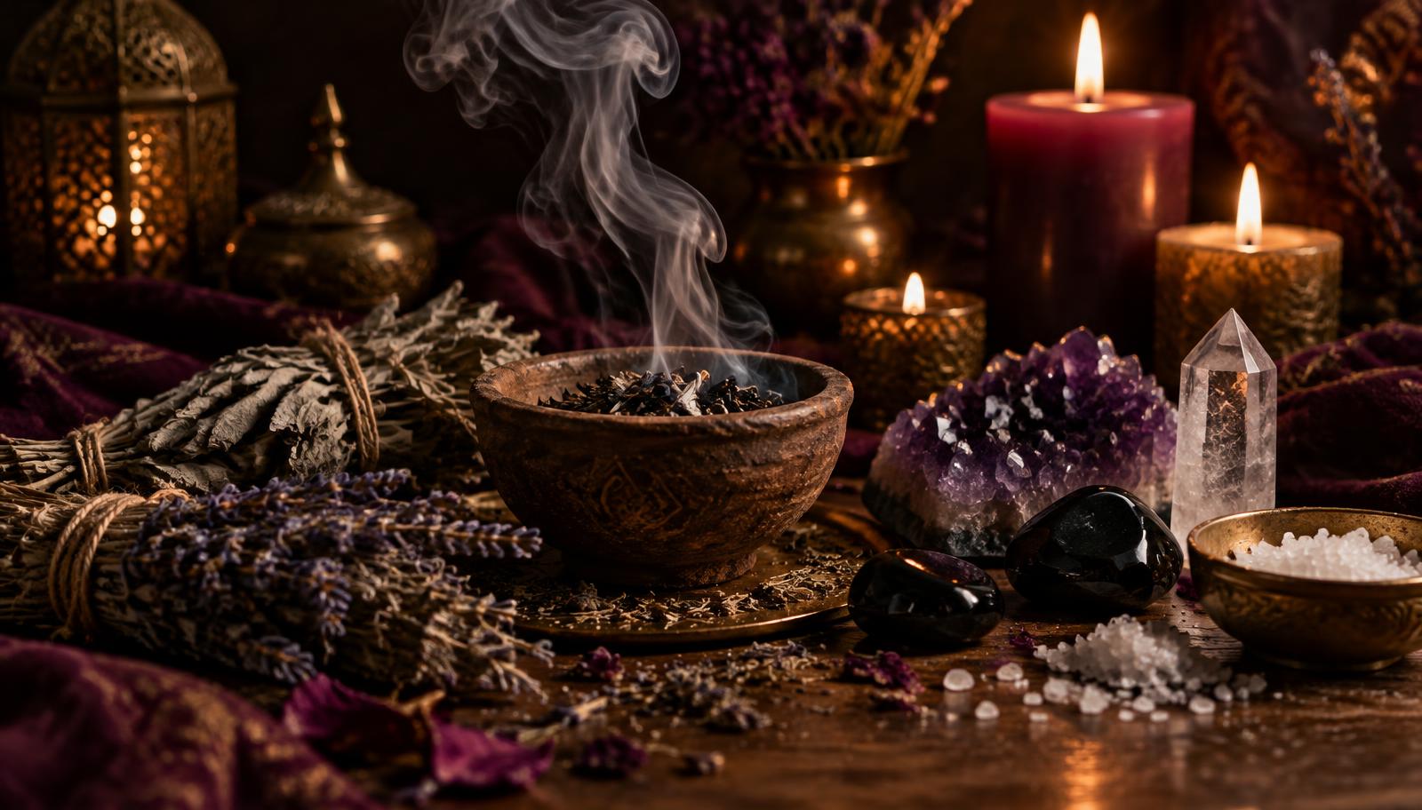 Natureza-morta com defumação, ervas, pedras e velas